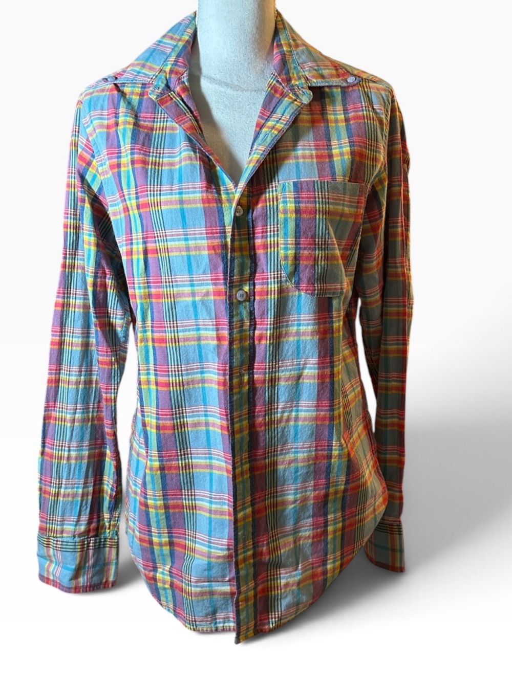 J.Crew Indian Madras Plaid Button-Up Shirt in Blue & Pink